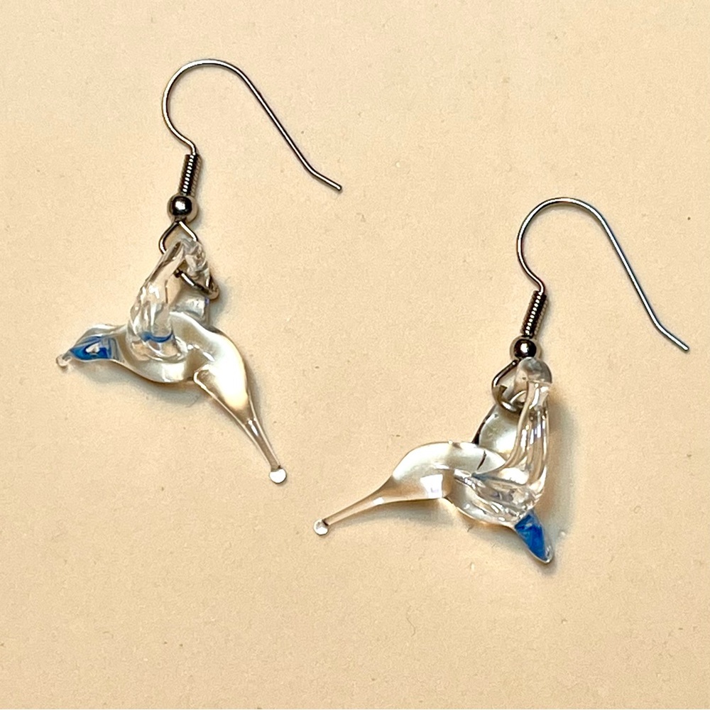 Handblown Glass Hummingbird Earrings Drop Pierced Hook Dangle Vintage Animal